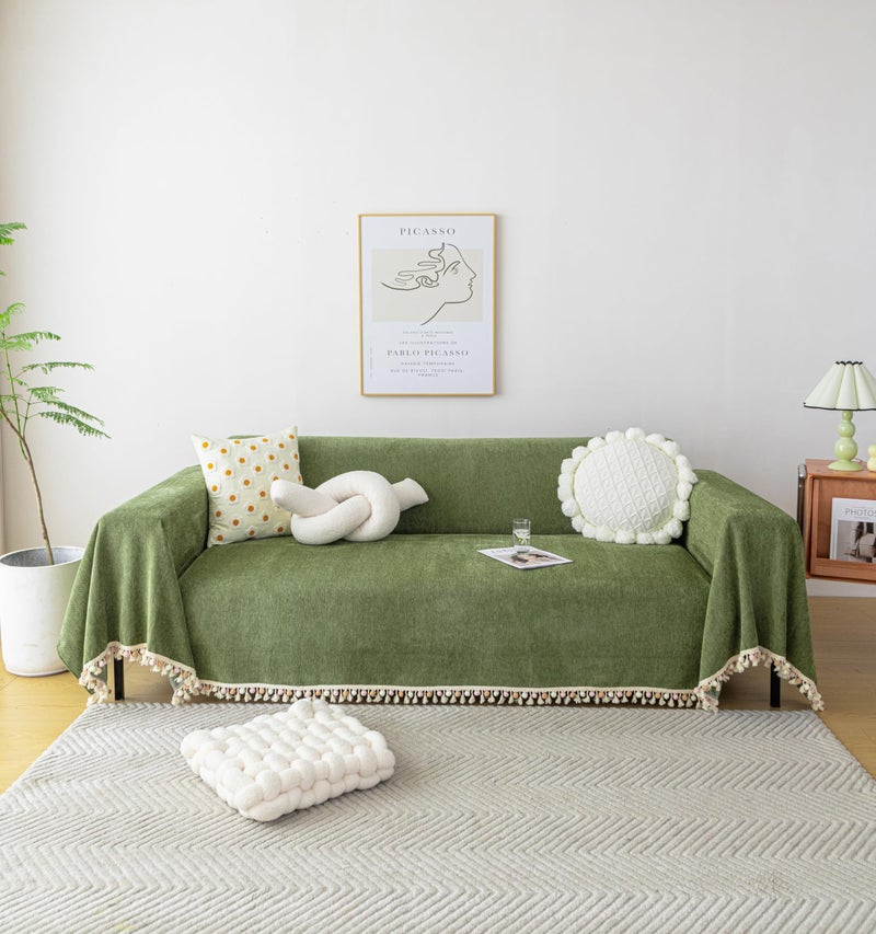 HANDONTIME Green Sofa Cover Vintage Couch Cover for Dogs 71" X134" Couch Cushion Covers with Tassel Herringbone Sofa Cover Boho Sofa Covers for 3 Cushion Couch Chenille Soft Loveseat Sofa Covers - Image 1