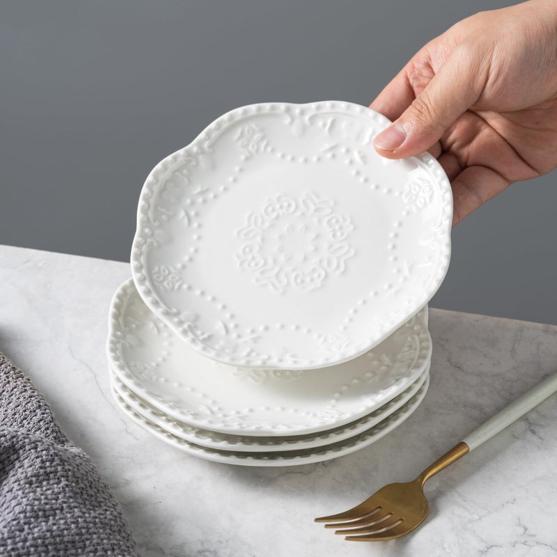 SHIDACHENG White Small Dessert Plates Set of 4,Ceramic Dinner Plates 6 Inch for Appetizer, Fruits, Cake, Salad,Microwave Safe,Christmas Gift - Image 1
