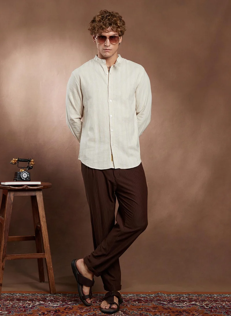 Campus Sutra Campus Sutra Men's Saltbox Beige & Off-White Striped Extended-Band Collar Shirt For Casual Wear | Band Collar | Long Cuffed Sleeves | Button Closure | Shirt Crafted With Comfort Fit For Everyday Wear