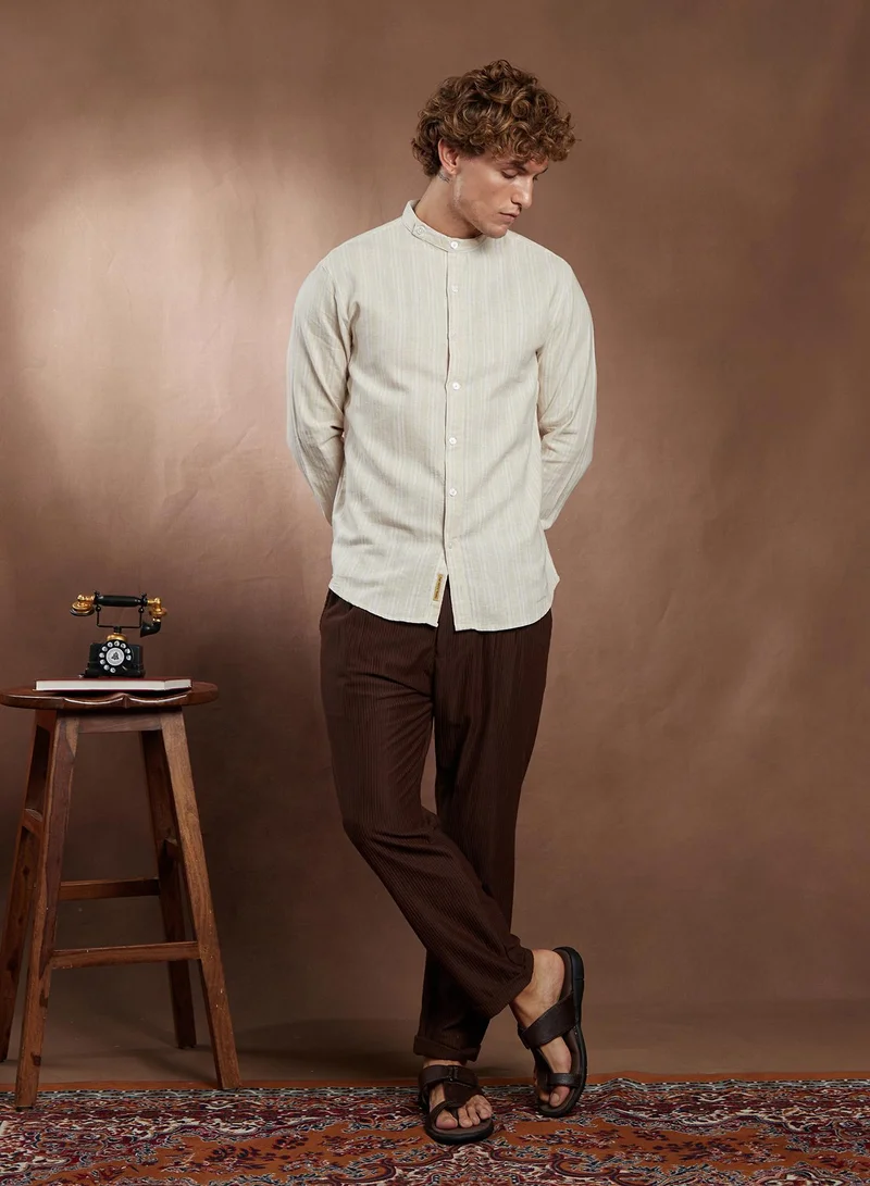 Campus Sutra Campus Sutra Men's Saltbox Beige & Off-White Striped Extended-Band Collar Shirt For Casual Wear | Band Collar | Long Cuffed Sleeves | Button Closure | Shirt Crafted With Comfort Fit For Everyday Wear