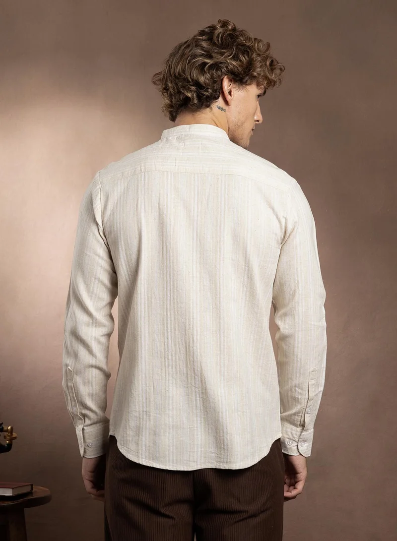 Campus Sutra Campus Sutra Men's Saltbox Beige & Off-White Striped Extended-Band Collar Shirt For Casual Wear | Band Collar | Long Cuffed Sleeves | Button Closure | Shirt Crafted With Comfort Fit For Everyday Wear