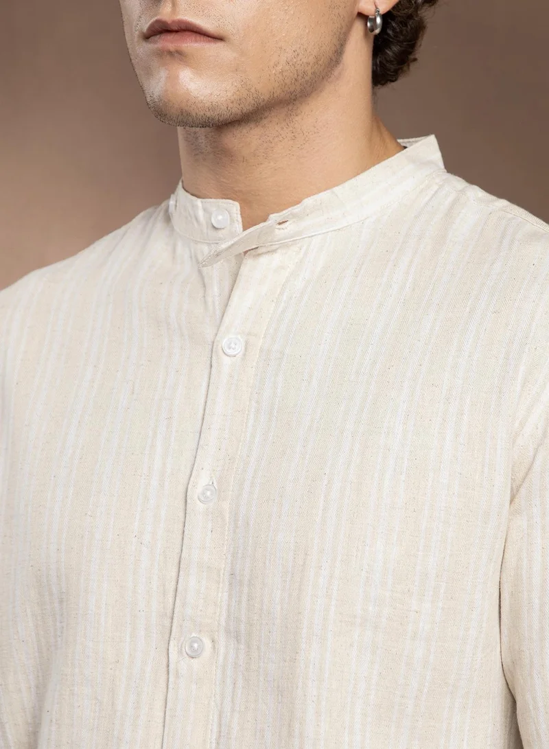Campus Sutra Campus Sutra Men's Saltbox Beige & Off-White Striped Extended-Band Collar Shirt For Casual Wear | Band Collar | Long Cuffed Sleeves | Button Closure | Shirt Crafted With Comfort Fit For Everyday Wear