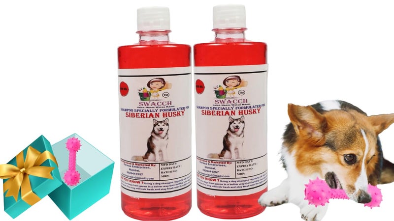 swacch Siberian Husky Dog Shampoo + Dumbbell Toy I Durable Rubber Dog Toy for Chewing I Playing,Teeth Cleaning & Training Toy I Combo Pack I 500ml Pack of 2 Strawberry - Image 1