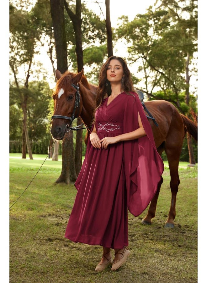 Scarlet Darkness Women's Renaissance Costume Wrap V Neck Medieval Dress Split Bell Sleeve Embroidery Fairy Dresses, Wine Red, L - Image 3