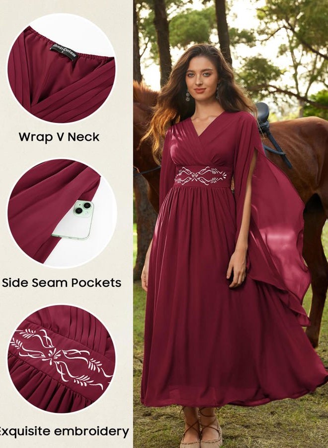 Scarlet Darkness Women's Renaissance Costume Wrap V Neck Medieval Dress Split Bell Sleeve Embroidery Fairy Dresses, Wine Red, L - Image 4