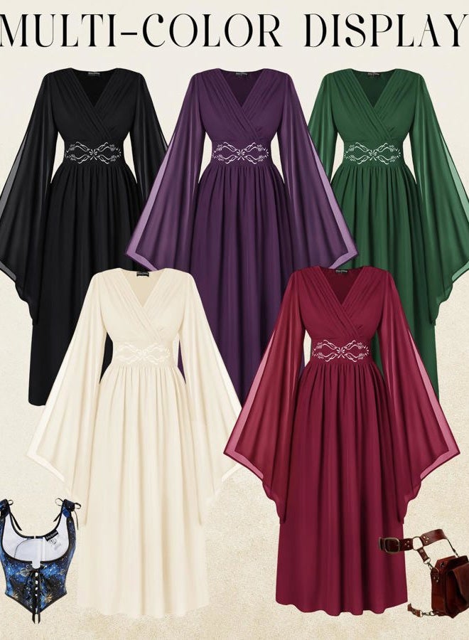 Scarlet Darkness Women's Renaissance Costume Wrap V Neck Medieval Dress Split Bell Sleeve Embroidery Fairy Dresses, Wine Red, L - Image 5