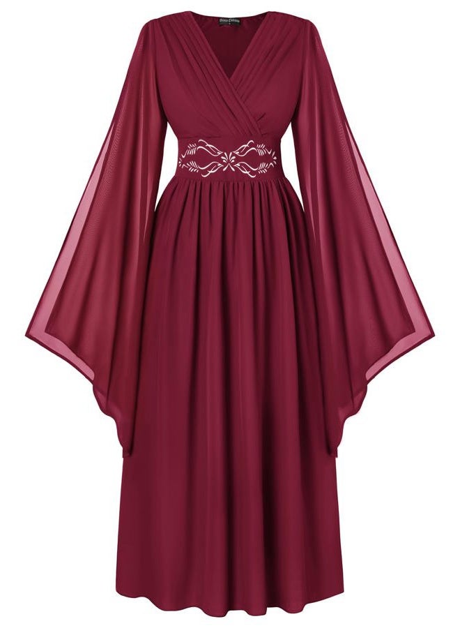 Scarlet Darkness Women's Renaissance Costume Wrap V Neck Medieval Dress Split Bell Sleeve Embroidery Fairy Dresses, Wine Red, L - Image 1