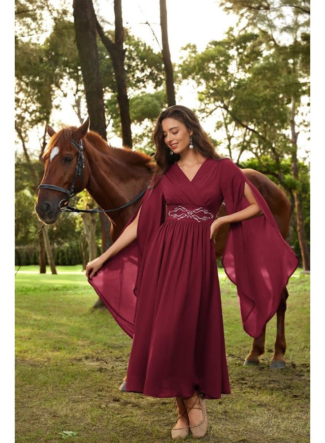 Scarlet Darkness Women's Renaissance Costume Wrap V Neck Medieval Dress Split Bell Sleeve Embroidery Fairy Dresses, Wine Red, L - Image 2