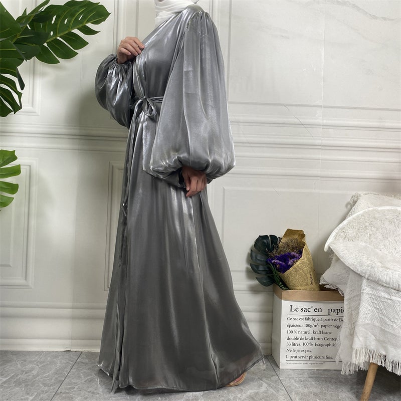 monica fashion Fashion Abaya Elegant Solid Color Lantern Sleeve Cardigan - Image 3