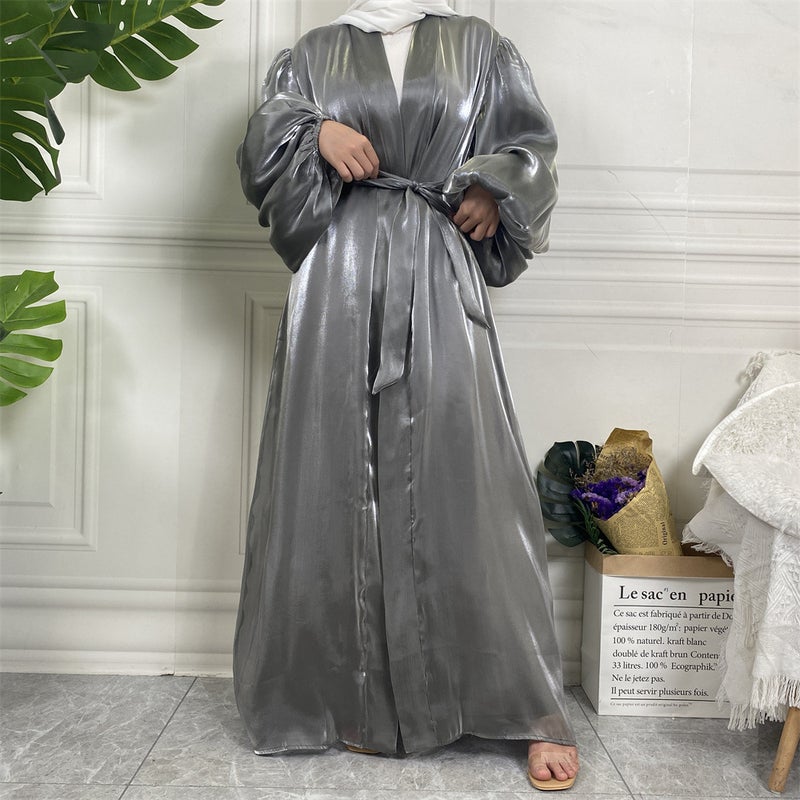 monica fashion Fashion Abaya Elegant Solid Color Lantern Sleeve Cardigan - Image 2