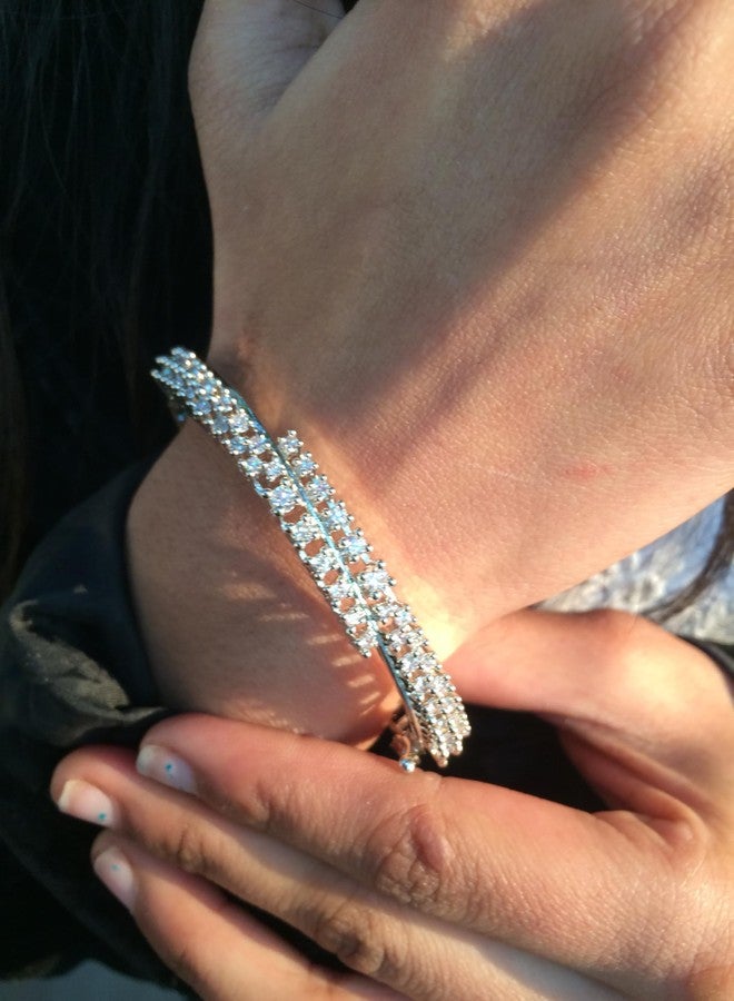 Touchstone White Gold Plated Simulated Diamond Round Cut Cubic Zirconia Cz Bracelet For Women Designer Jewelry. - Image 4