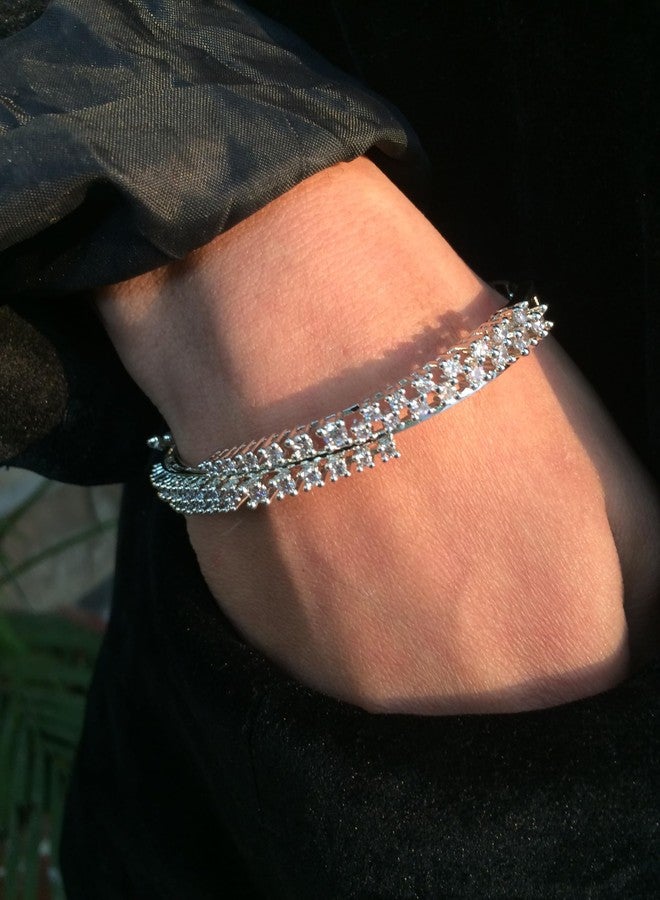 Touchstone White Gold Plated Simulated Diamond Round Cut Cubic Zirconia Cz Bracelet For Women Designer Jewelry. - Image 2