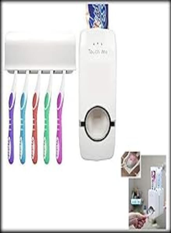 SEASPIRIT Plastic Automatic Hands Free Toothpaste Dispenser Wall Mounted Toothpaste Squeezer Dispenser with Detachable 5 Hole Toothbrush Holder (Multicolor)