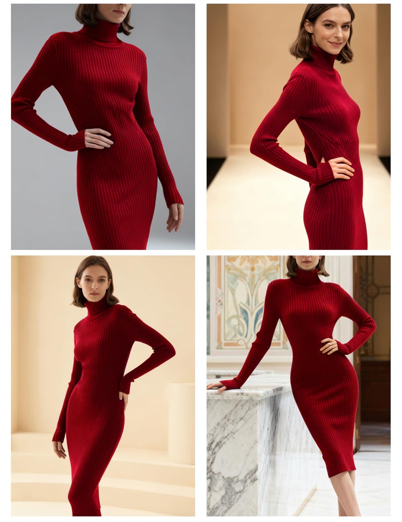 v28 Women Long Turtleneck Knit Stretchable Elasticity Long Sleeve Slim Fit Sweater Dress(S,Burgundy) - Image 2