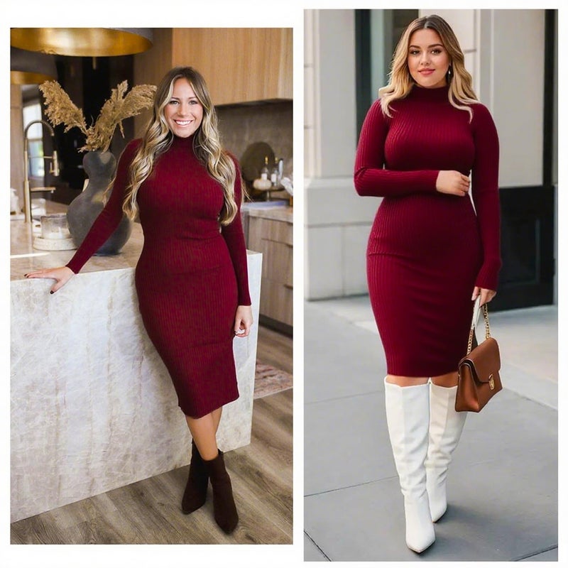 v28 Women Long Turtleneck Knit Stretchable Elasticity Long Sleeve Slim Fit Sweater Dress(S,Burgundy) - Image 5
