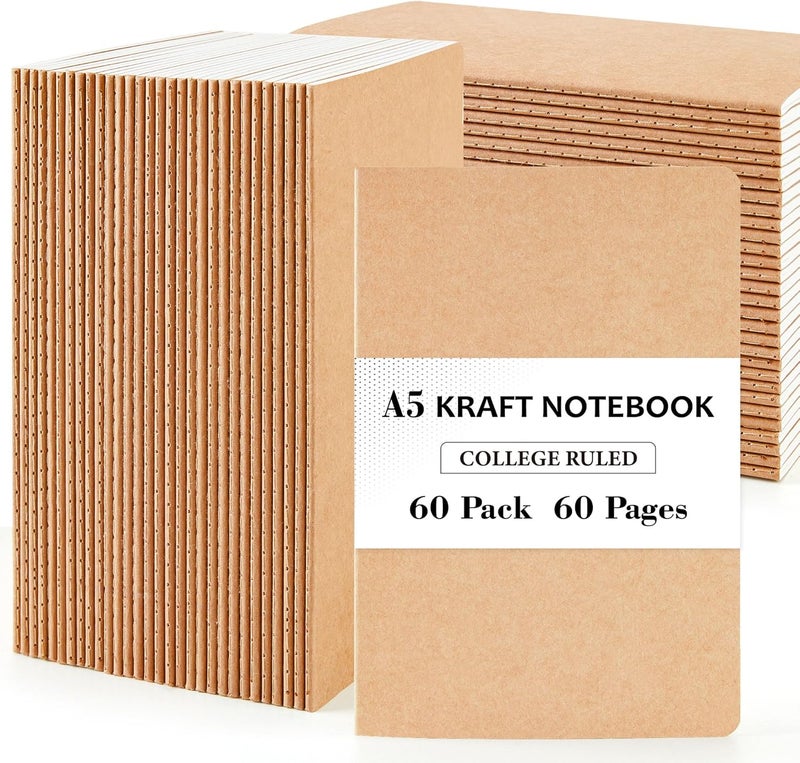 Feela 60 Pack Kraft Notebooks Bulk, Lined Travel Journals Note Pad Notebooks for Men Women Girls Students, Making Plans Writing Memos Office School Supplies, A5, 60 Pages, 8.3” X 5.5” - Image 1