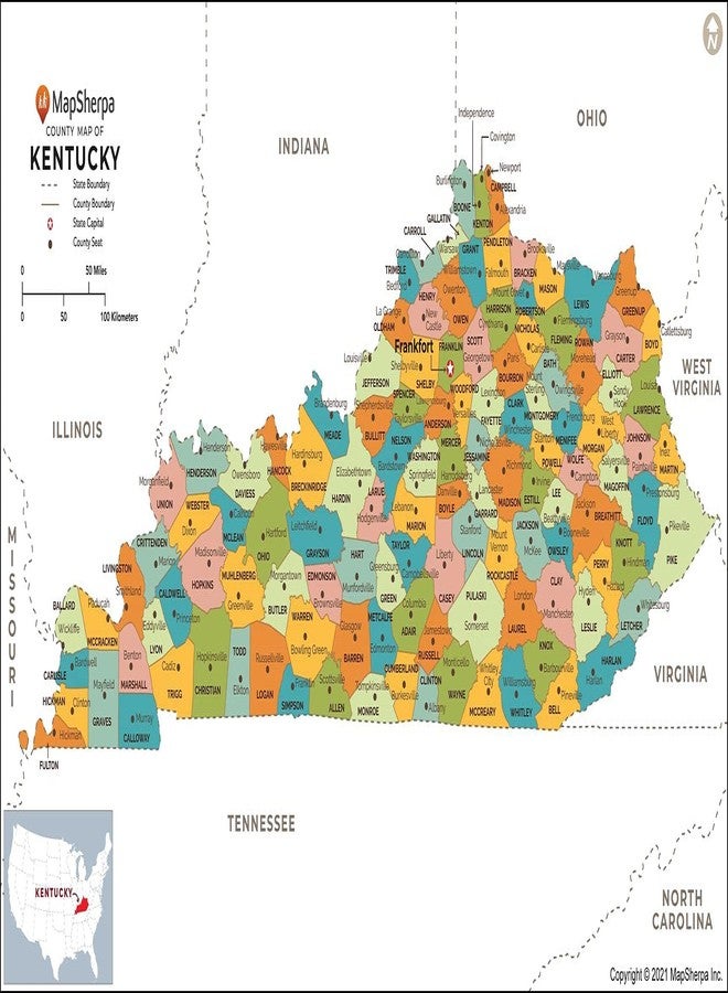 MapSherpa Kentucky Counties Map - Standard - 36" x 20.25" Laminated - Image 1