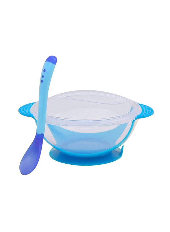 Sharpdo Suction Feeding Bowl with Temperature Sensing Spoon for Baby Silicone Non-Toxic Odourless and Harmless Material BPA Free Dessert Food Feeding Tableware Set for Kids Blue