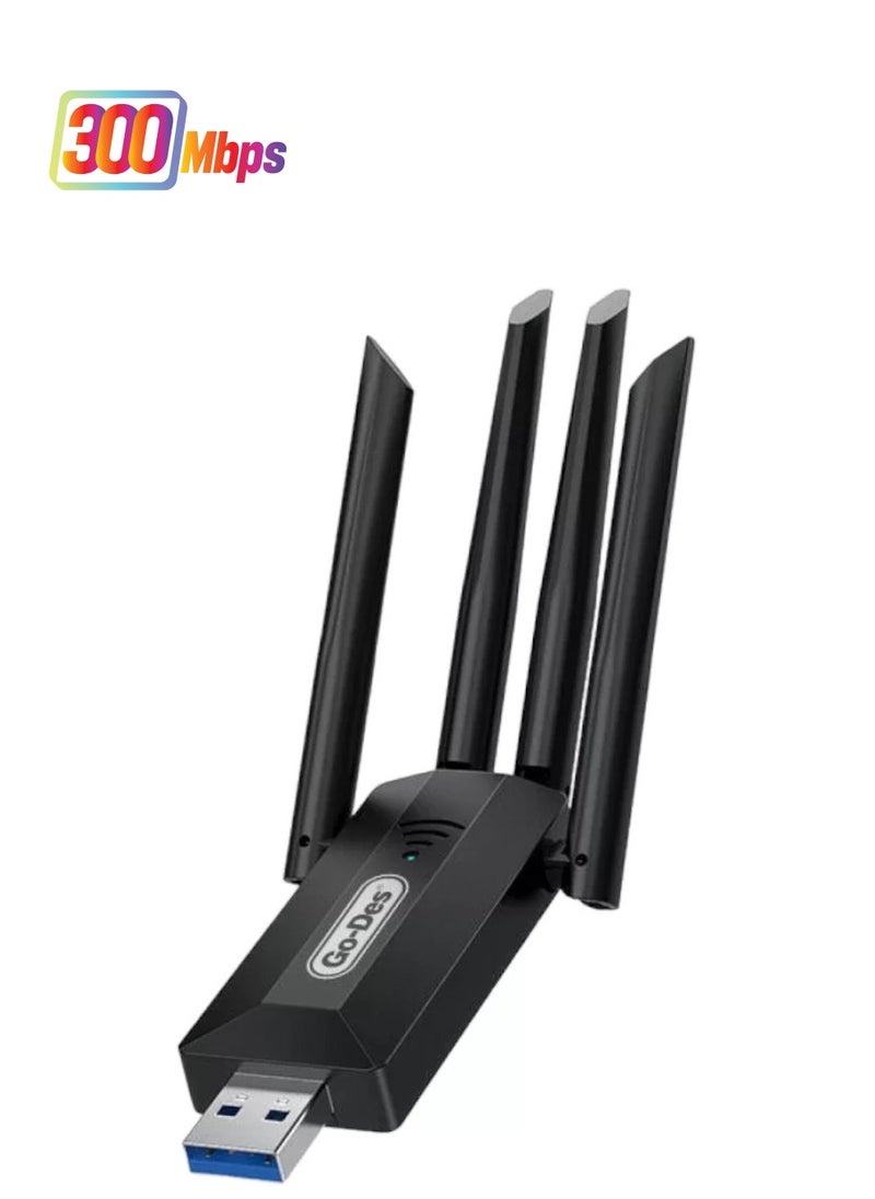 GO-DES Go Des GD-BT318 Dual Band 1200m 300Mbps 4 Antennas Wireless Internet Provider USB High Power WiFi Adapter  - Image 1