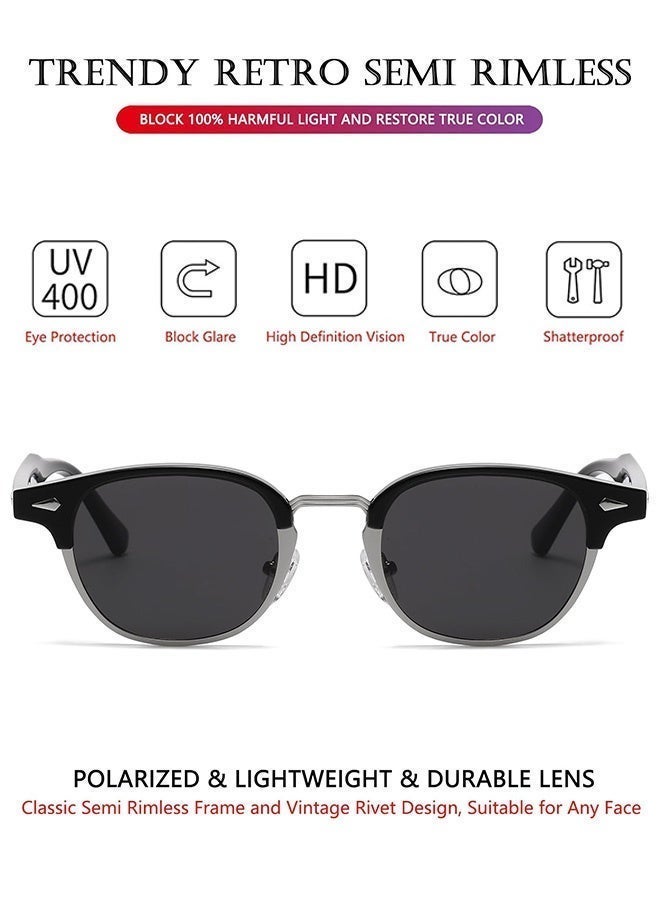 CIKJUK Polarized Sunglasses Men Women Semi-Rimless Men's Women's Sunglass Round Sun Glasses Classic Designer Shades UV400 Protection Sun Glas for Travel Driving Daily Black - Image 2