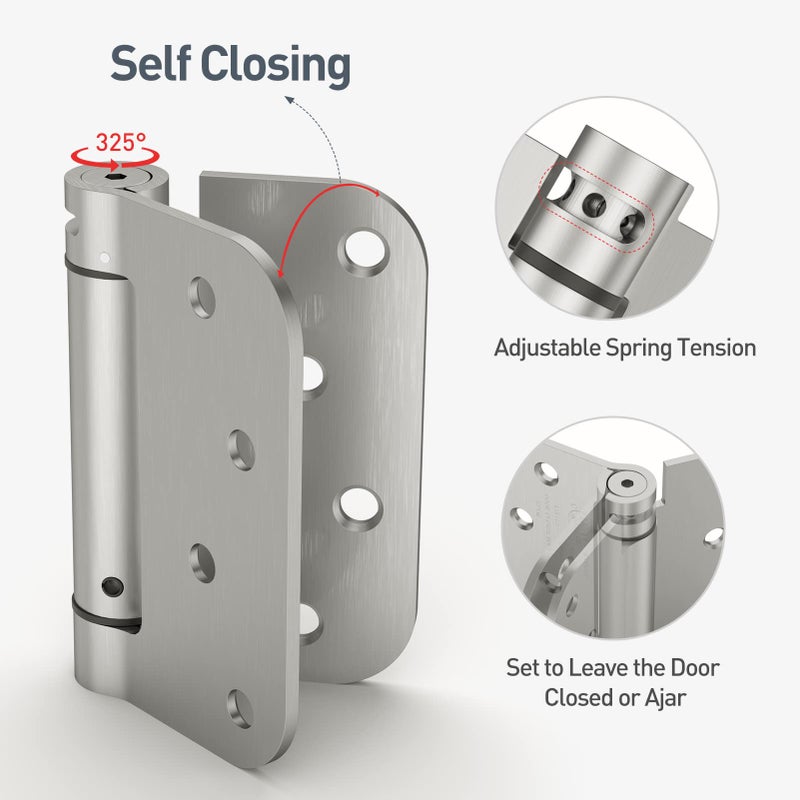 Hosom Self Closing Door Hinge Spring Hinge 4 Inch Adjustable Tension For Garage Front Door Back Door Ul Listed For Left And Right Hand Door 5/8'' Radius Corners Brushed Nickel 4 Pack - Image 3
