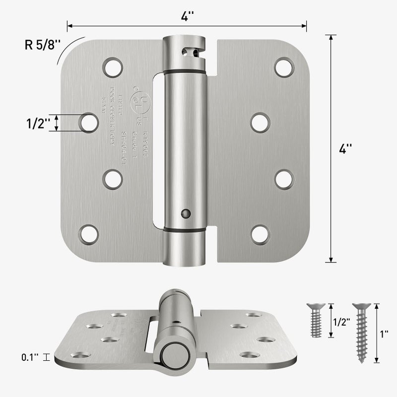 Hosom Self Closing Door Hinge Spring Hinge 4 Inch Adjustable Tension For Garage Front Door Back Door Ul Listed For Left And Right Hand Door 5/8'' Radius Corners Brushed Nickel 4 Pack - Image 2