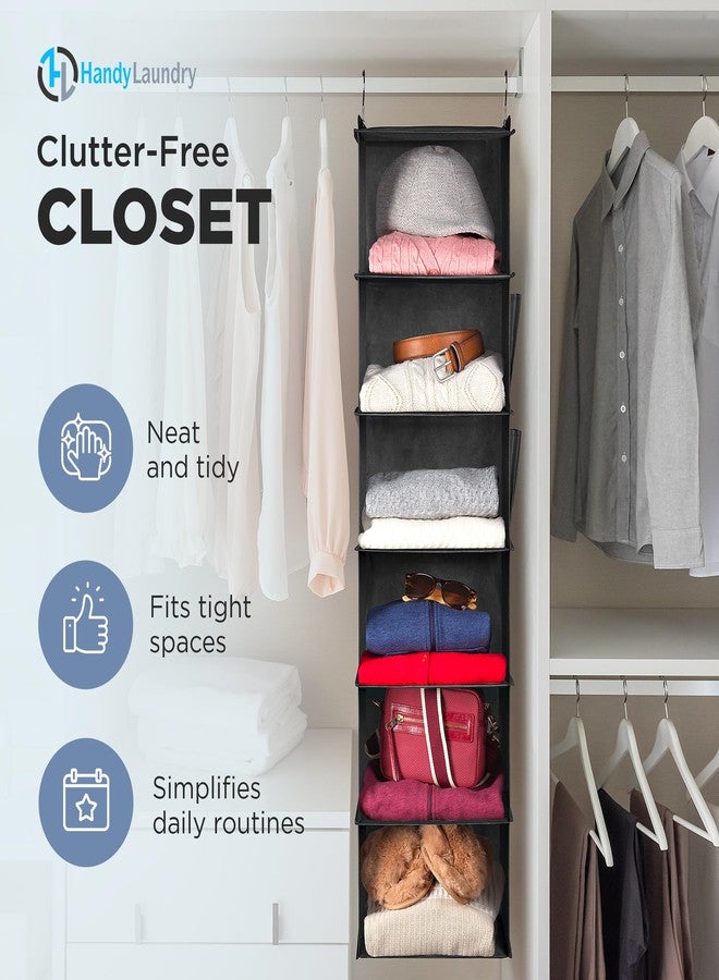 Handy Laundry Hanging Closet Organizer - 6 Shelf - Storage Shelves for Clothes and Sweater Organization. Six Tier Dorm Room Shelving Organizers with Hanger for Clothing Drawers (Black) - Image 2