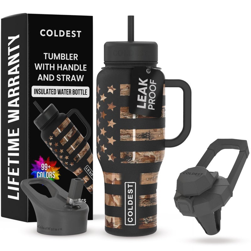 THE COLDEST WATER Coldest Tumbler with Handle and Straw, 100% Leak Proof Insulated Tumbler with Lid and Straw (3 Lids), Stainless Steel Tumblers for Women & Men, Cup Holder Friendly, 36 oz (Camouflage Flag) - Image 1