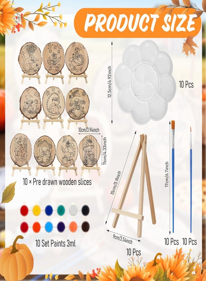 Zhanmai 10 Packs Thanksgiving Fall Painting Kits Thanksgiving Natural Pre Drawn Wood Slices to Paint Printed Wood Slices Pumpkin Turkey Paint Kit Pre Sketched Canvas for Painting Beginners Party Favor - Image 2