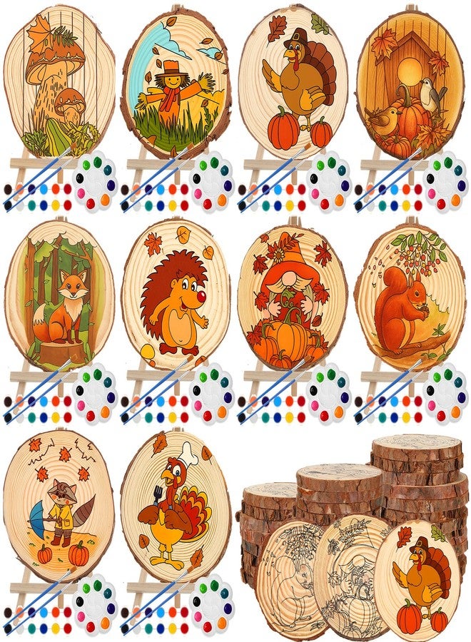 Zhanmai 10 Packs Thanksgiving Fall Painting Kits Thanksgiving Natural Pre Drawn Wood Slices to Paint Printed Wood Slices Pumpkin Turkey Paint Kit Pre Sketched Canvas for Painting Beginners Party Favor - Image 1