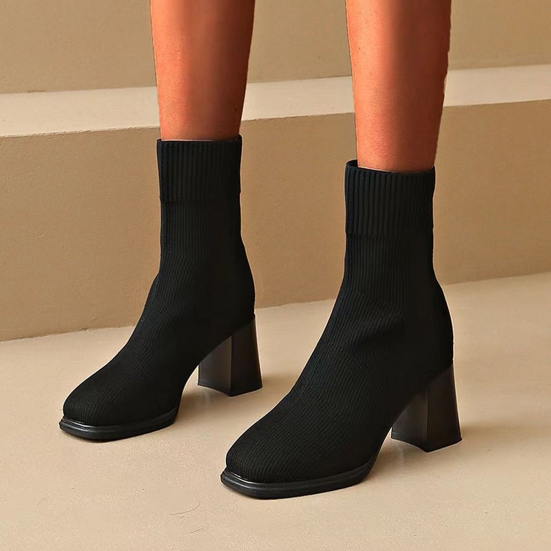 Elastic Boots Pointed Fly Woven Plus Size Women'S Boots Thick High Heel Thin Socks Boots - Image 1