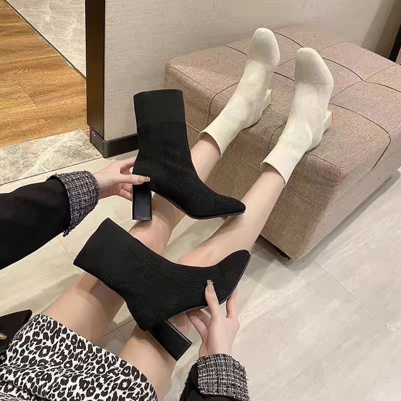 Elastic Boots Pointed Fly Woven Plus Size Women'S Boots Thick High Heel Thin Socks Boots - Image 4