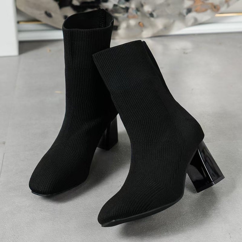 Elastic Boots Pointed Fly Woven Plus Size Women'S Boots Thick High Heel Thin Socks Boots - Image 3