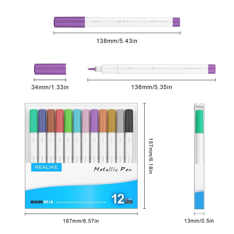 REALIKE Metallic Pens Compatible with Cricut Joy/Xtra, Multicolor Marker Pens Set of 12 Pack Drawing Coloring Pens (1.0 Tip) - Image 4