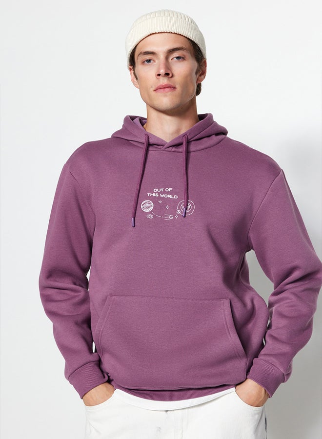trendyol Lilac Regular/Normal Cut Space Embroidered Hooded Fleece/Warm Sweatshirt - Image 1