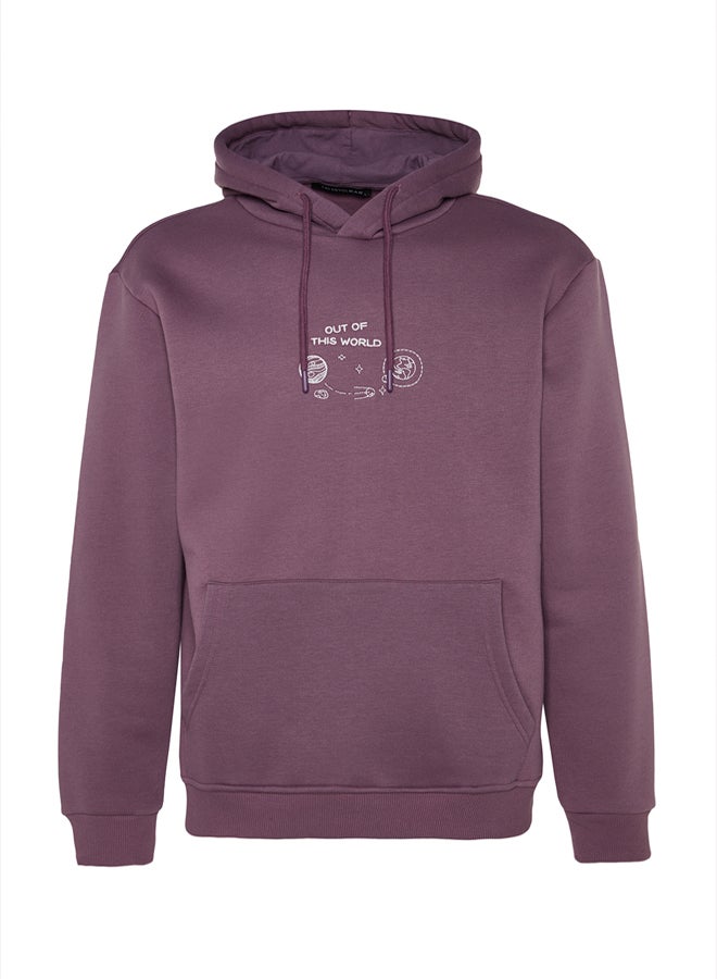 trendyol Lilac Regular/Normal Cut Space Embroidered Hooded Fleece/Warm Sweatshirt - Image 5