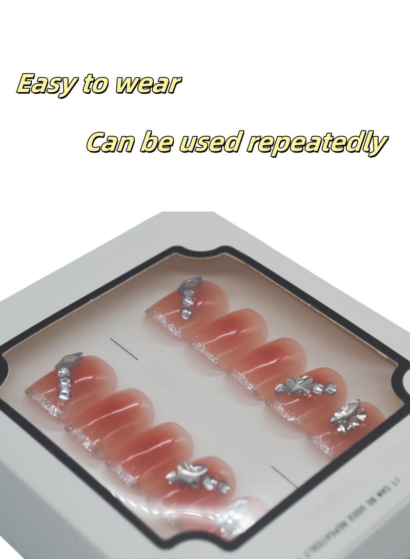 French Press-on Nails 24 Pieces: Pink Nude Artificial Nails with Silver Edge Crystals - Classy Summer Design. Safe Removal at Home + Glue Kit. - Image 2