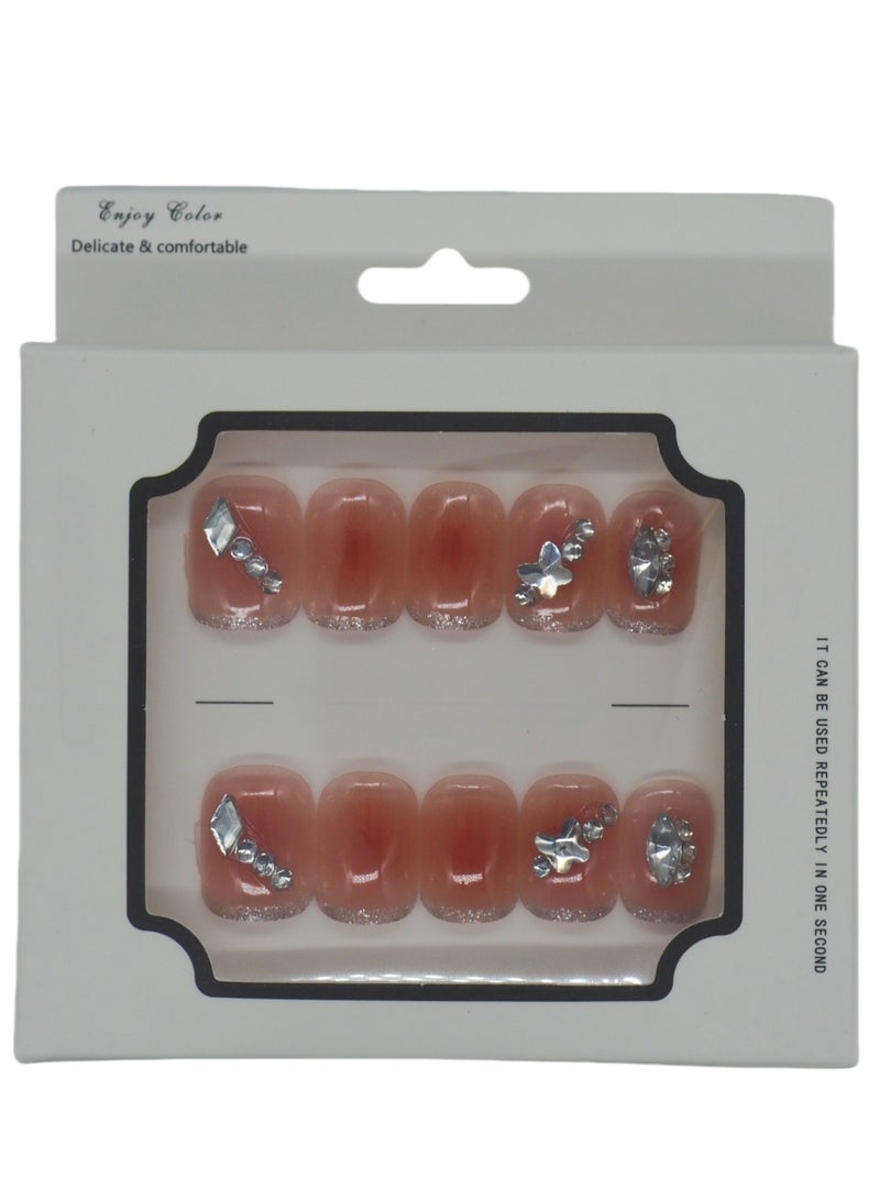 French Press-on Nails 24 Pieces: Pink Nude Artificial Nails with Silver Edge Crystals - Classy Summer Design. Safe Removal at Home + Glue Kit. - Image 1