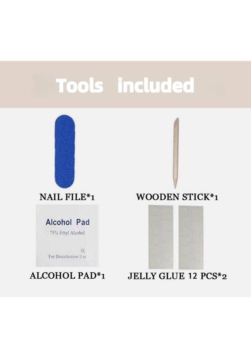 French Press-on Nails 24 Pieces: Pink Nude Artificial Nails with Silver Edge Crystals - Classy Summer Design. Safe Removal at Home + Glue Kit. - Image 3