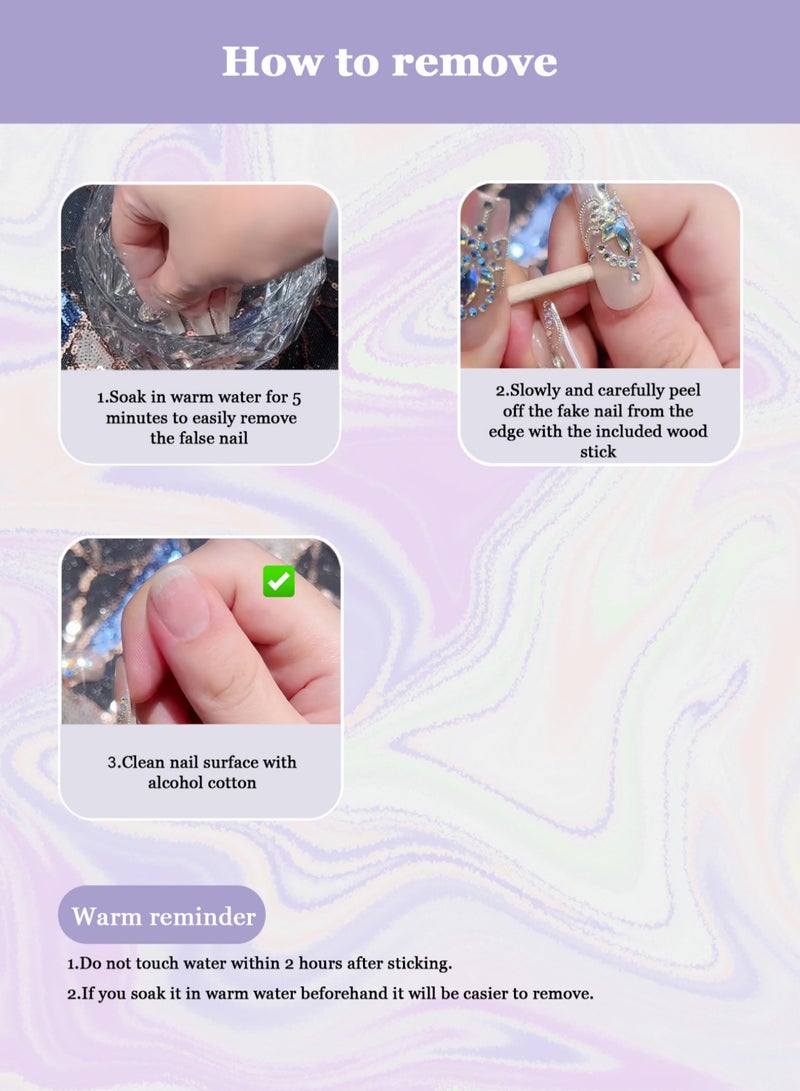 French Press-on Nails 24 Pieces: Pink Nude Artificial Nails with Silver Edge Crystals - Classy Summer Design. Safe Removal at Home + Glue Kit. - Image 5