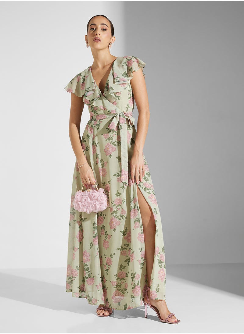Anaya With Love Cape Detail Printed Maxi Dress With Self Tie Belt  - Image 1