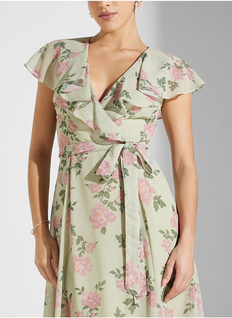 Anaya With Love Cape Detail Printed Maxi Dress With Self Tie Belt  - Image 3