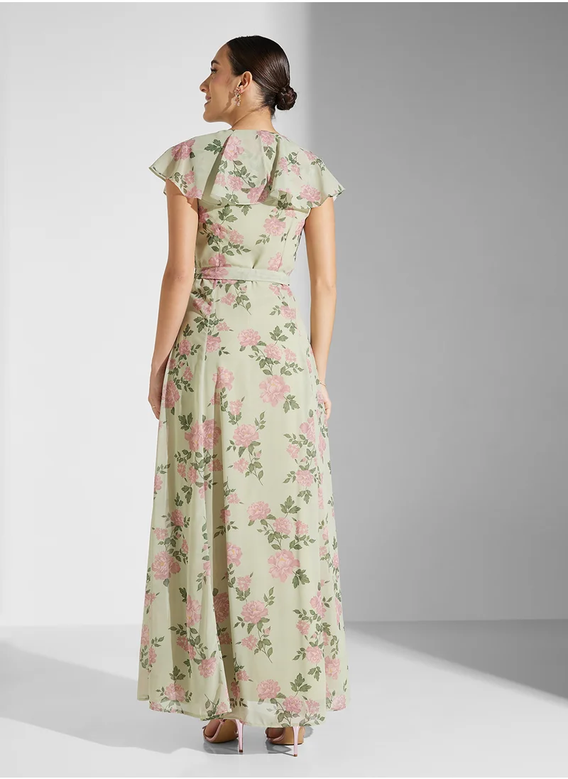 Anaya With Love Cape Detail Printed Maxi Dress With Self Tie Belt