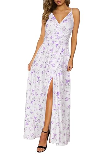 Newshows Women's 2026 Summer Maxi Dress Spaghetti Strap Spring Casual V Neck Split Beach Long Flowy Wedding Guest Dresses Semi Formal Dresses Trendy(White Pruple Flowers, X-Large) - Image 1
