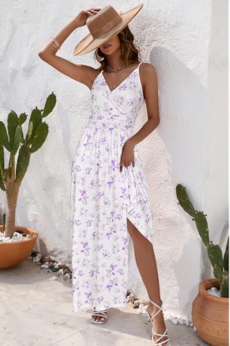 Newshows Women's 2026 Summer Maxi Dress Spaghetti Strap Spring Casual V Neck Split Beach Long Flowy Wedding Guest Dresses Semi Formal Dresses Trendy(White Pruple Flowers, X-Large) - Image 3