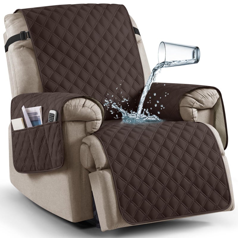 Ruaozz 100% Waterproof Recliner Chair Covers, Non-Slip Reclining Covers for Recliner Chair Washable Chair Cover, Recliner Covers with Pockets for Kids, Dogs, Pets (Chocolate, 23'') - Image 1