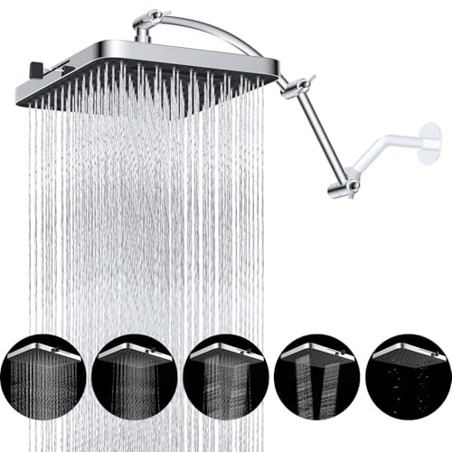 Hibbent Rain Shower Head 13 High Pressure Rainfall Square 5 Spray Mode Showerhead with 16 Shower Head Extension Arm Solid Brass Adjustable Shower Arm Extender Waterfall fixed Showerheads Chrome - Image 1