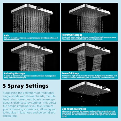 Hibbent Rain Shower Head 13 High Pressure Rainfall Square 5 Spray Mode Showerhead with 16 Shower Head Extension Arm Solid Brass Adjustable Shower Arm Extender Waterfall fixed Showerheads Chrome - Image 3