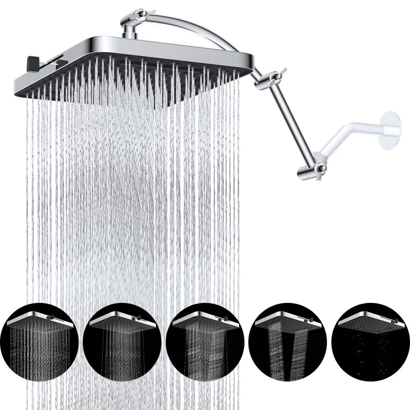 Hibbent Rain Shower Head 13 High Pressure Rainfall Square 5 Spray Mode Showerhead with 16 Shower Head Extension Arm Solid Brass Adjustable Shower Arm Extender Waterfall fixed Showerheads Chrome - Image 2