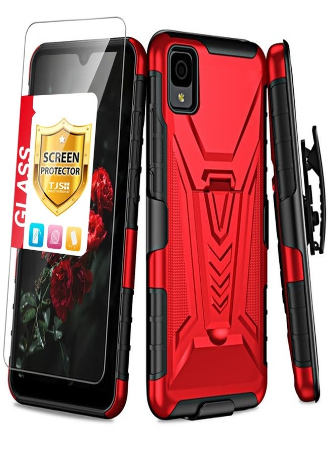 تي چيه'اس جراب TJS متوافق مع هاتف Alcatel TCL 30 Z T602DL، وجراب TCL 30 LE، مع واقي شاشة من الزجاج المقوى، وحافظة بمشبك حزام، وحامل هجين، وغطاء حماية متين من السقوط (أحمر) - Image 1